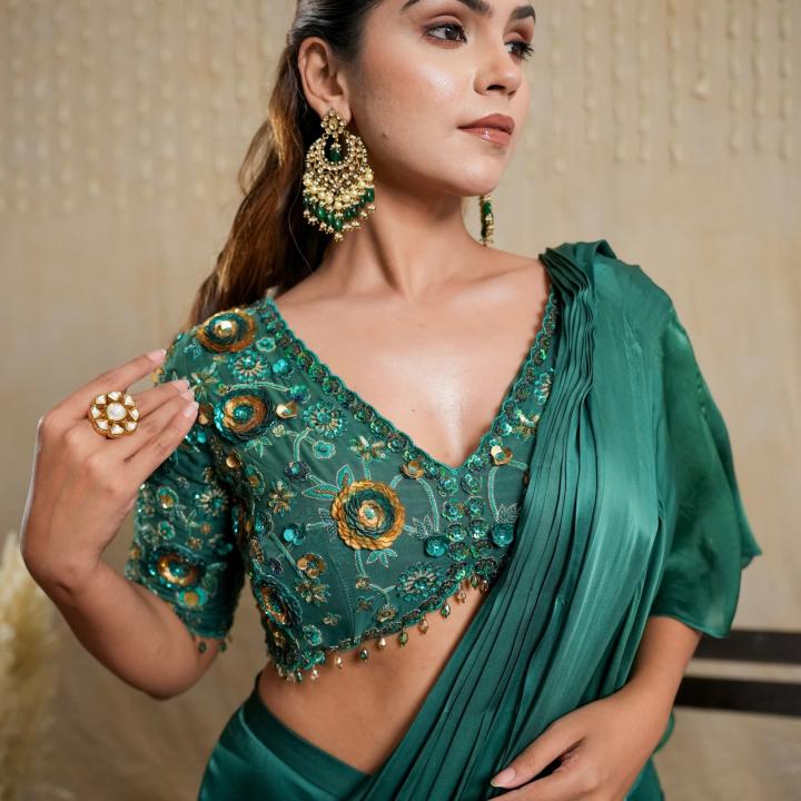 OBSIDIAN GREEN DRAPE SAREE