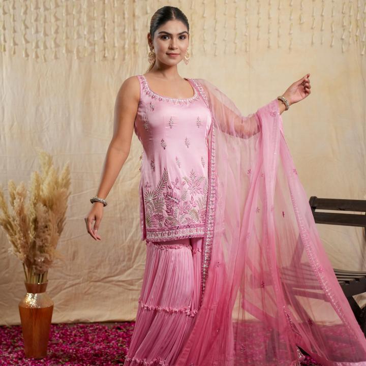 Blossom Pink Sleeveless Gharara Set